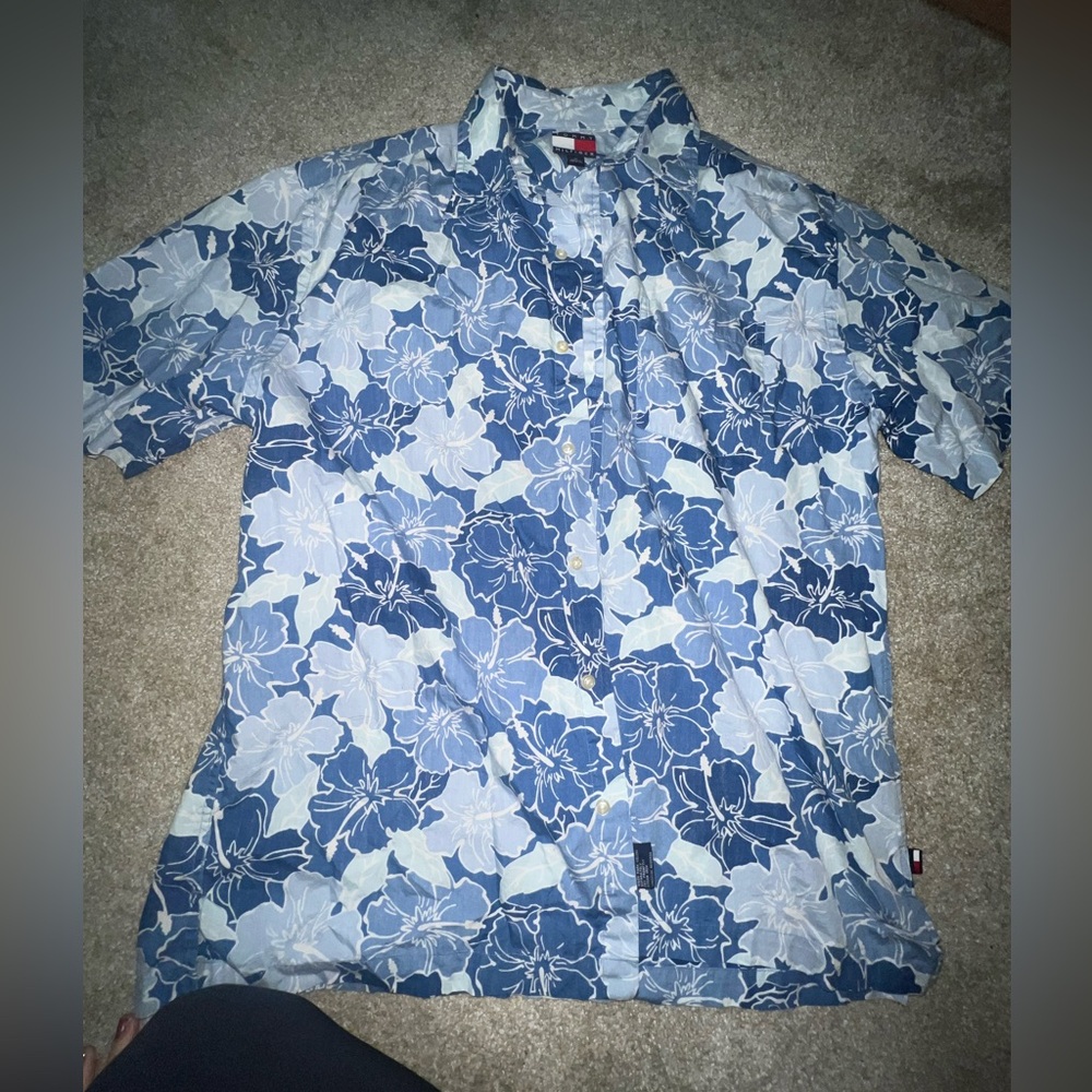 Tommy Hilfiger Blue and White Floral Men's Shirt RUNS BIG